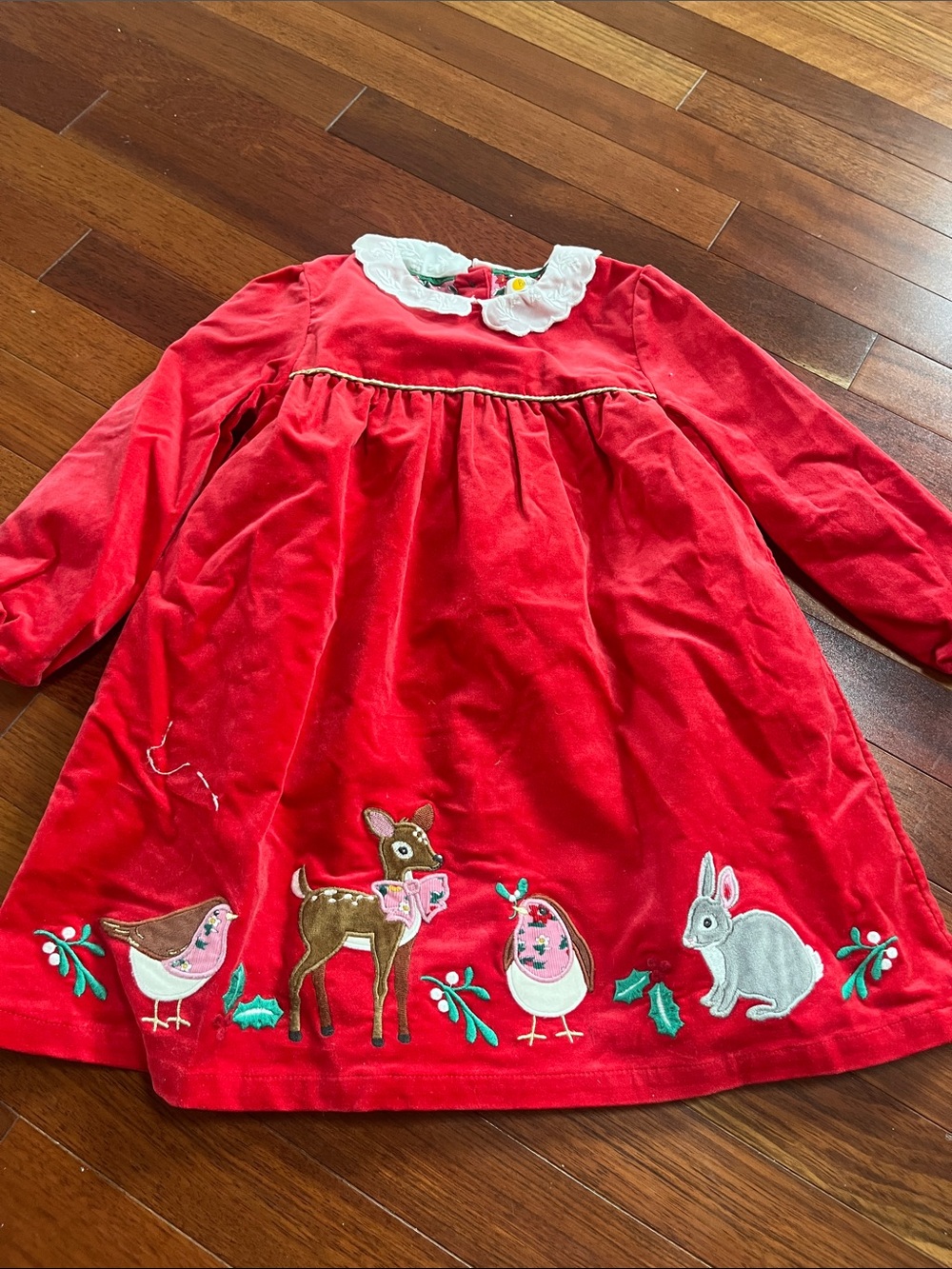Red Holiday Velvet Kids Dress with Animal Appliqués